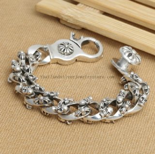 Handmade Thai 925 Silver Skull Cross Bracelet PUNK Man Bracelet