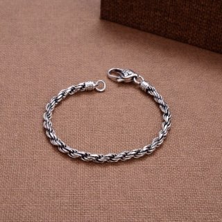 S925 Sterling Silver Unisex Universal Simple Italian Hemp Rope 4mm Thai Silver Necklace and Bracelet