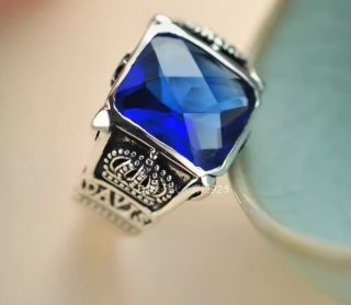 S925 Sterling Silver Retro Thai Silver Blue Crystal Black Agate Crown Hexagram Men's index ring