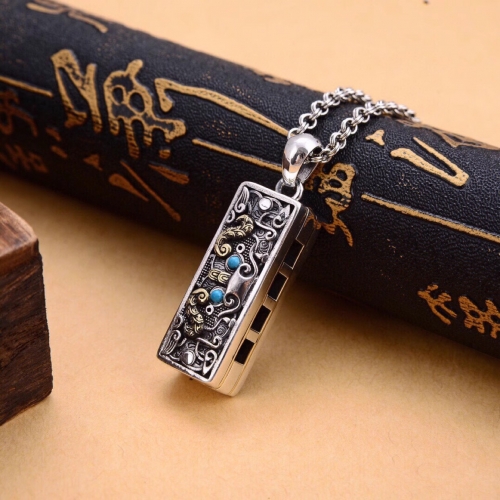 S925 New Style Silver Jewelry Ethnic Wind Pure Silver Cow Pendant Five Tone Harmonica Men's Personalized Necklace Domineering an