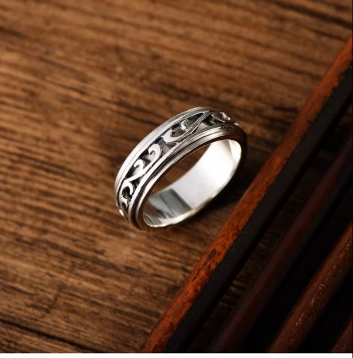 s925 sterling silver jewelry fashion trend ring European and American Tang grass pattern ancient rattan flower hollow simple rin