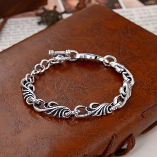 S925 Sterling Silver Jewelry, Retro Fashion Street Snap T-Buckle Romantic Wisteria Men's and Women's Thai Silver Couple Brace