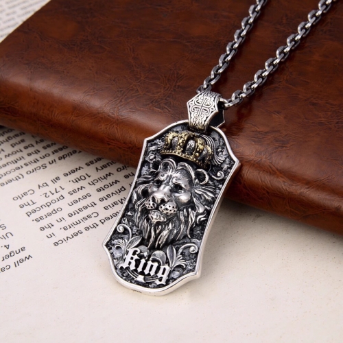 S925 Sterling Silver Vintage Lion Pendant King Crown Relief Tang Grass European And American Fashion Men And Women's Knight Neck