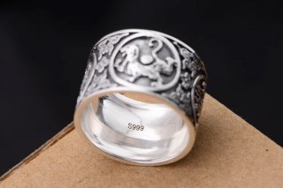 S999 pure silver Thai silver popular men's personality domineering wide version single index finger sterling silver four mythica