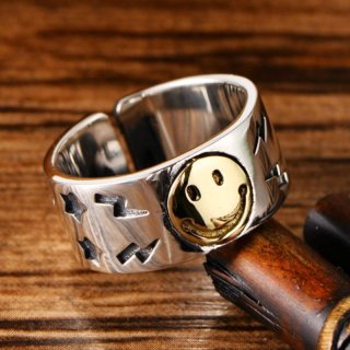 s925 sterling silver retro Thai silver fashion simple trendy smiling face male and female couple ring five-pointed star ring Kor