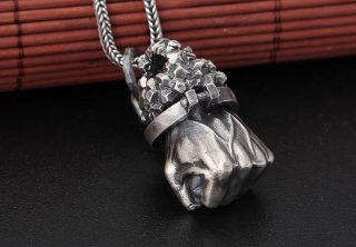 925 Sterling Silver Hercules Fist Pendant, Retro Thai Silver Fashion Necklace, Men's Pendant, Unique and Dominant Design