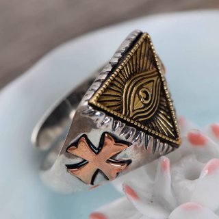 s925 sterling silver retro Thai silver fashionable personality Egyptian Pharaoh triangle eye of God men's live mouth ring