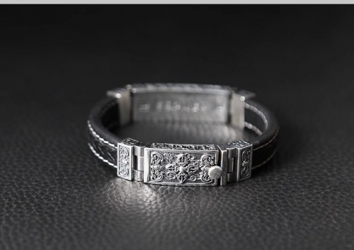 S925 Sterling Silver Fashion Retro Thai Silver Individual Men and Women's Trendy Bracelet Six Words Buddha Chain with Peace