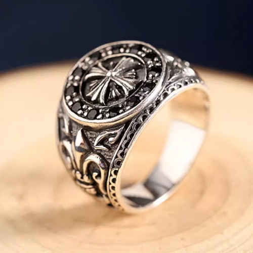 s925 sterling silver jewelry retro Thai silver simple gothic crusaders flower men's ring