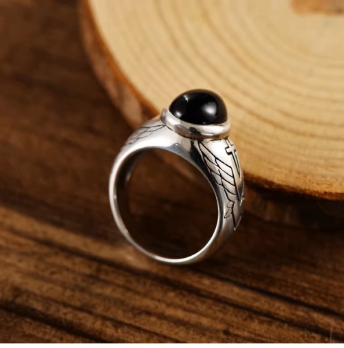 s925 sterling silver retro Thai silver fashion trend men's and women's angel wings cross black agate index finger ring