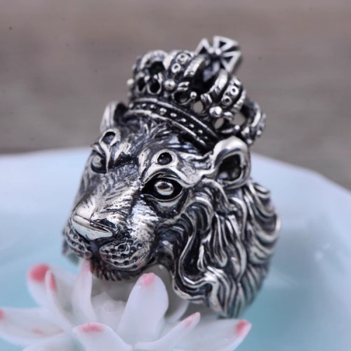 S925 sterling silver vintage Thai silver domineering Lion Head Crown Euro-n men's ring ring index ring gift