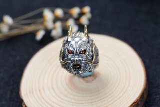 s925 sterling silver retro Thai silver men's fashion domineering open faucet zodiac dragon fashion ring set with garnet