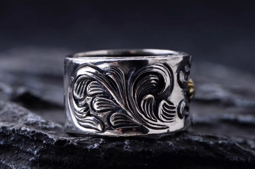 s925 sterling silver retro Thai silver men's fashion Tangcao flower men's sun ray cross forest finger wide ring