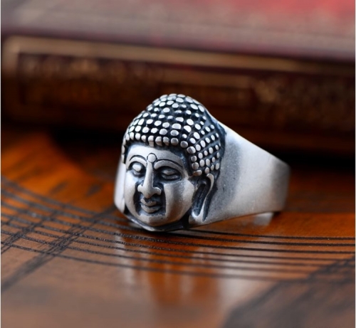 S999 pure silver Amitabha ring ethnic style retro matte sterling silver Buddha male and female index finger Buddha head ring