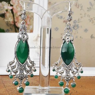 Handmade Thai Silver Green Agate Earrings - Large