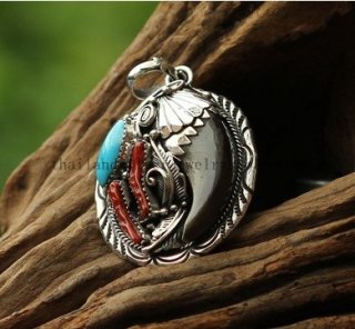 Handmade 925 Silver Bear Paw Turquoise Red Coral Pendant Handmad