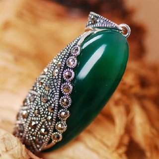 Thai Silver Pendant Sterling Green Agate Tribal Pendant